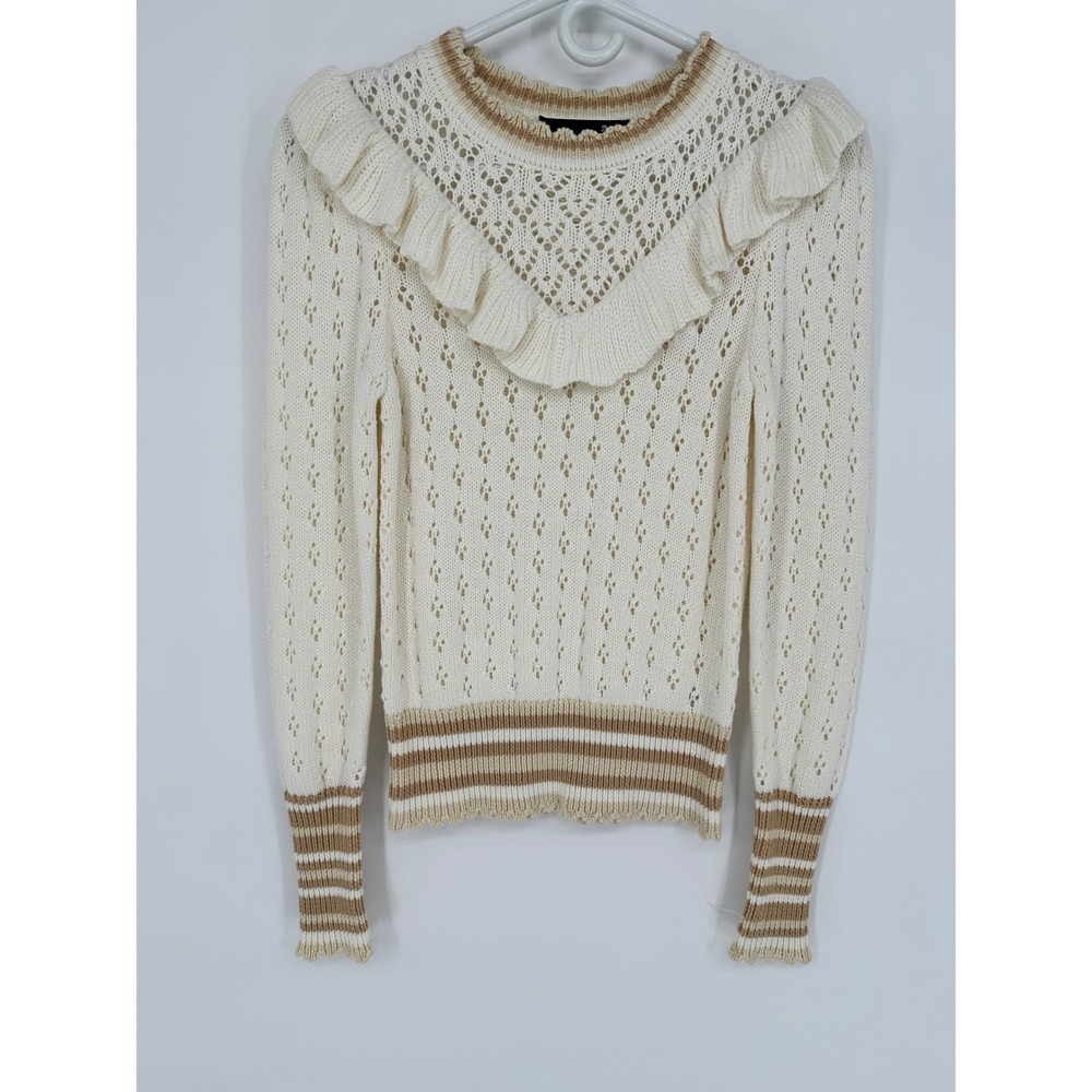 Ruffle Pointelle Knit Sweater Cream Tan Striped Scallop Hem XS